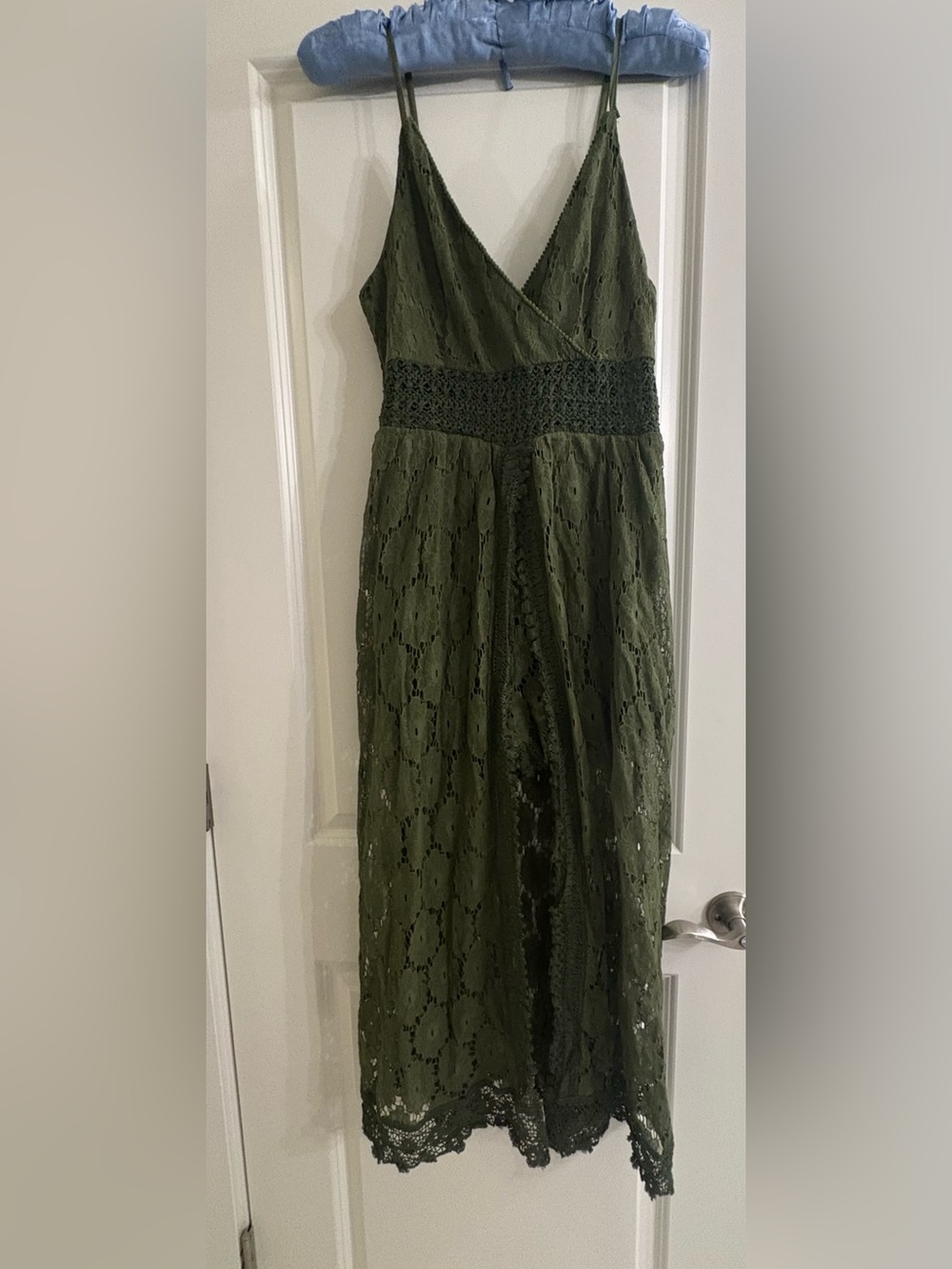 Olive Green Lace Midi Dress Boho Cottagecore Adjustable Straps